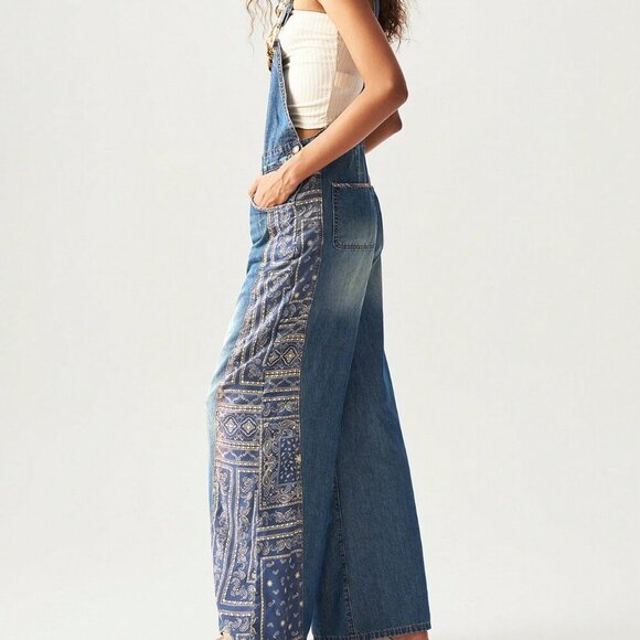 Medium Wash Casual Women's Woven Patchwork Wide-Leg Bib jumpsuit overall Pants - Picture 5 of 9